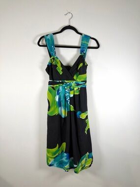 Roulette Black Midi Dress with Blue & Green Floral Print